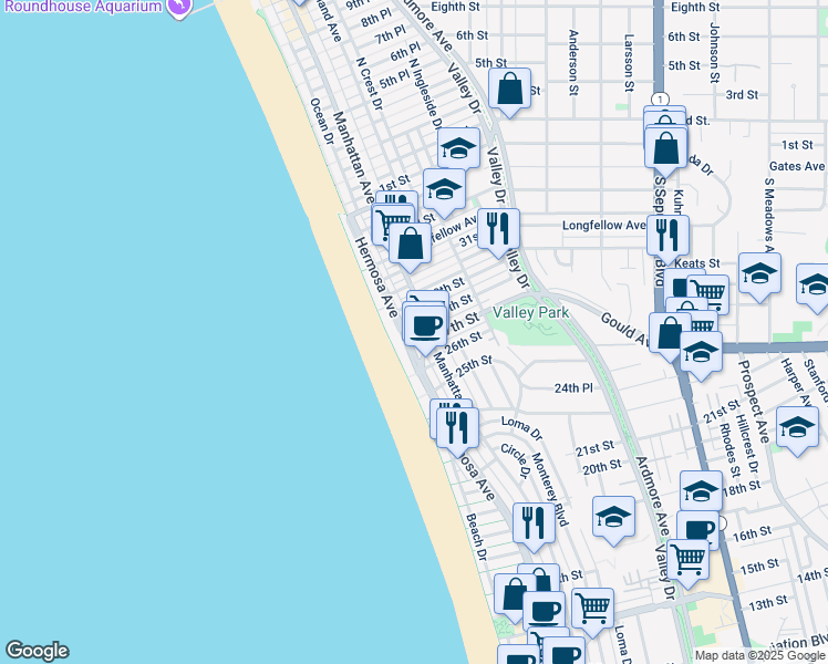 map of restaurants, bars, coffee shops, grocery stores, and more near 2704 Hermosa Avenue in Hermosa Beach