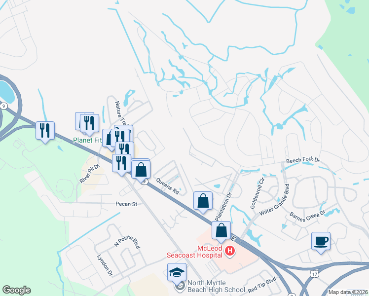 map of restaurants, bars, coffee shops, grocery stores, and more near 1095 Plantation Drive in Little River