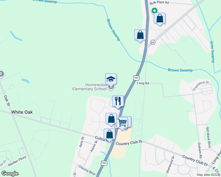 map of restaurants, bars, coffee shops, grocery stores, and more near 107 N Clemson Cir in Conway