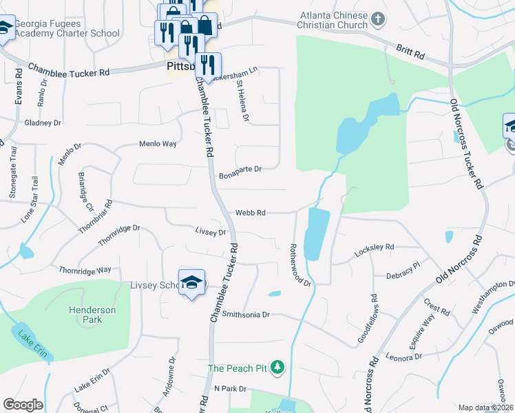 map of restaurants, bars, coffee shops, grocery stores, and more near 4254 Webb Road in Tucker