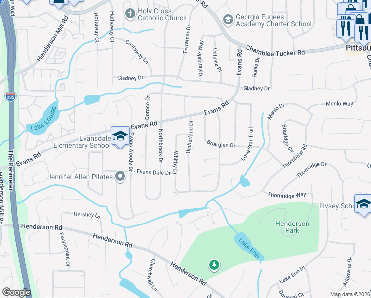 map of restaurants, bars, coffee shops, grocery stores, and more near 2914 Umberland Drive in Doraville