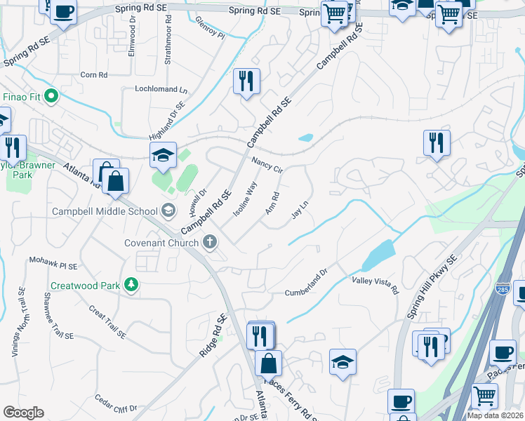 map of restaurants, bars, coffee shops, grocery stores, and more near 3285 Ann Road in Smyrna