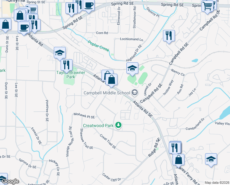 map of restaurants, bars, coffee shops, grocery stores, and more near 1902 New Haven Court Southeast in Smyrna