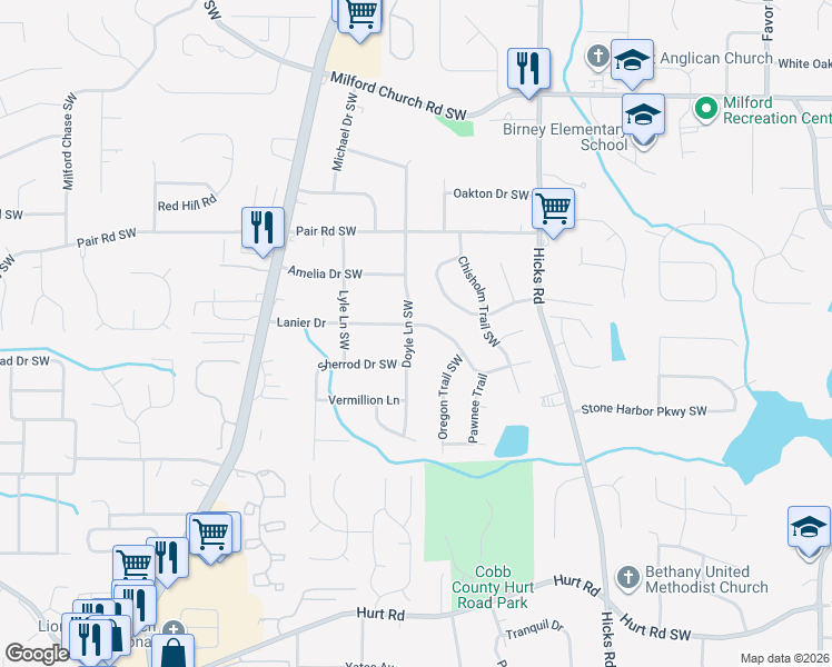 map of restaurants, bars, coffee shops, grocery stores, and more near 3295 Doyle Lane Southwest in Marietta