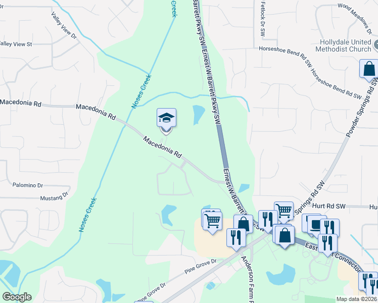 map of restaurants, bars, coffee shops, grocery stores, and more near 2870 Macedonia Road in Powder Springs