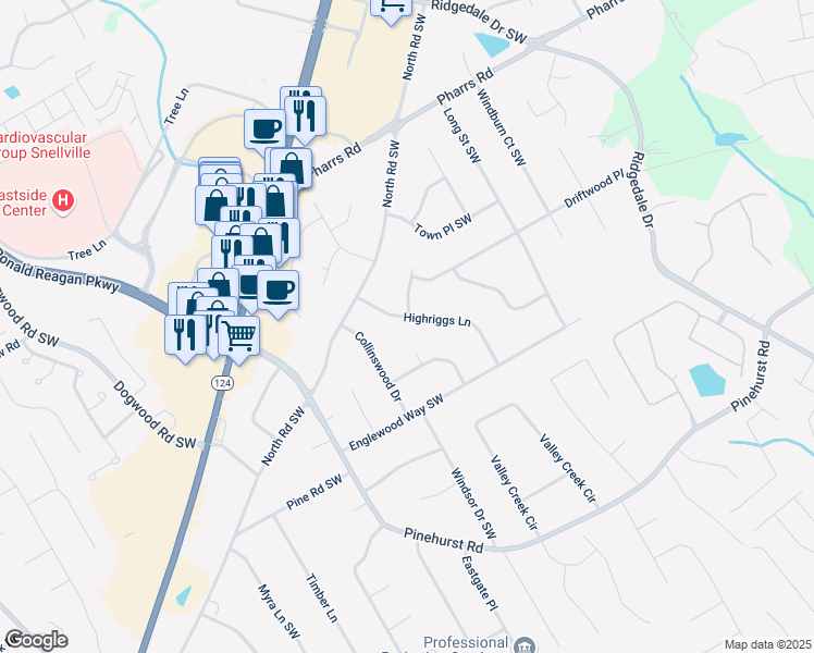 map of restaurants, bars, coffee shops, grocery stores, and more near 1985 Highriggs Lane in Snellville