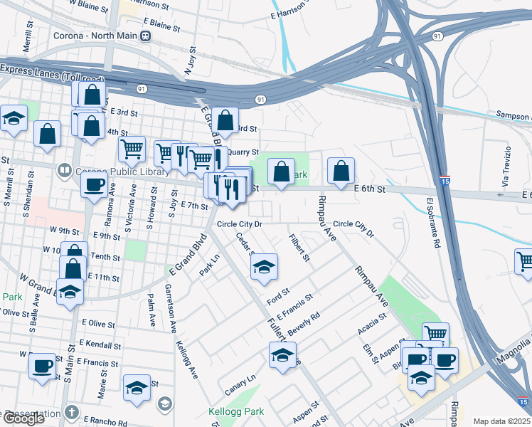 map of restaurants, bars, coffee shops, grocery stores, and more near in Corona