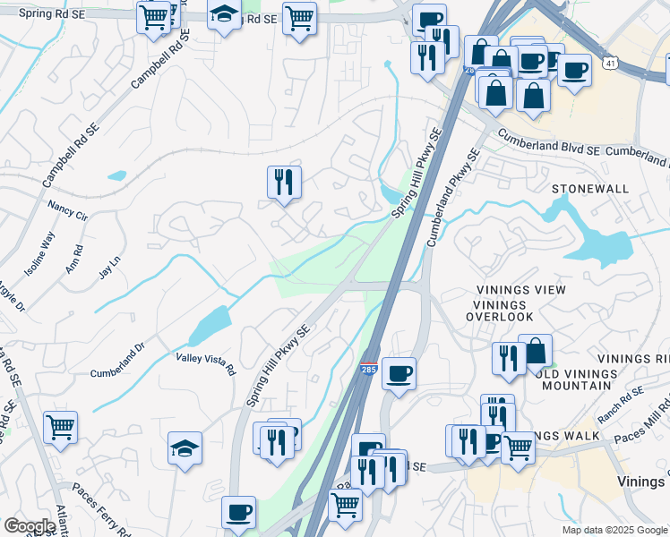 map of restaurants, bars, coffee shops, grocery stores, and more near 2610 Cumberland Court in Smyrna