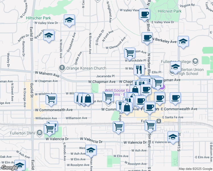 map of restaurants, bars, coffee shops, grocery stores, and more near in Fullerton