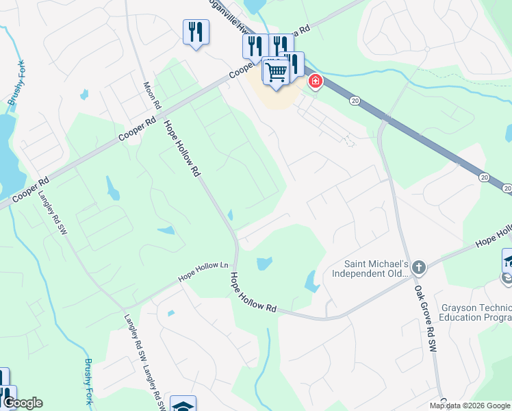 map of restaurants, bars, coffee shops, grocery stores, and more near 555 Hope Hollow Road in Loganville