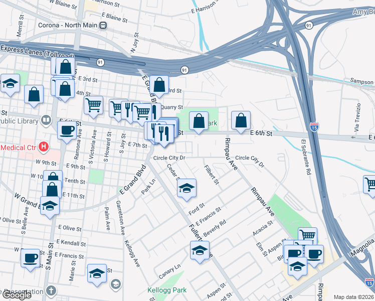map of restaurants, bars, coffee shops, grocery stores, and more near 1010 Margarita Drive in Corona