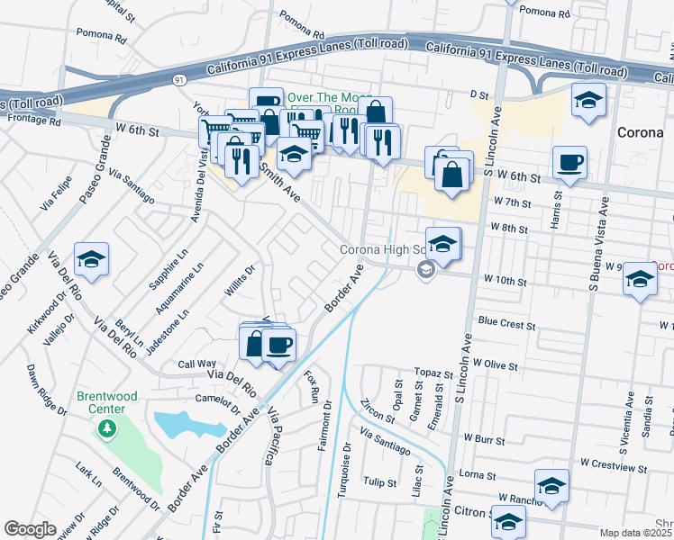 map of restaurants, bars, coffee shops, grocery stores, and more near 991 Norwich Way in Corona