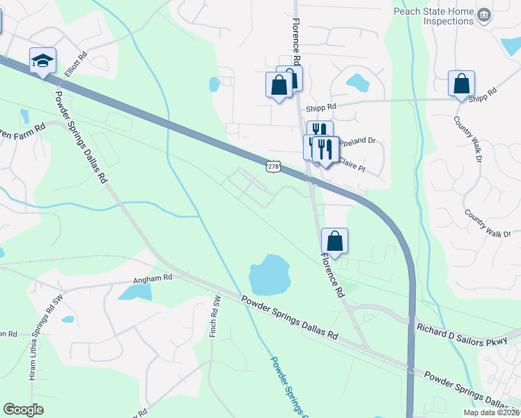 map of restaurants, bars, coffee shops, grocery stores, and more near 3339 Thornbridge Drive in Powder Springs