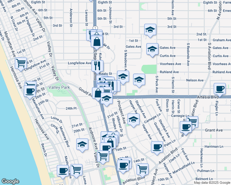 map of restaurants, bars, coffee shops, grocery stores, and more near 715 South Prospect Avenue in Manhattan Beach