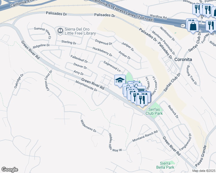 map of restaurants, bars, coffee shops, grocery stores, and more near 3100 Altura Court in Corona