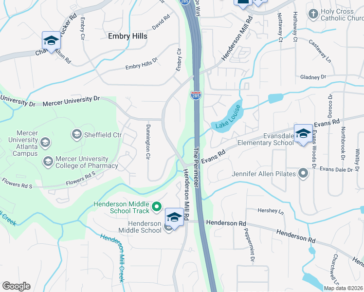 map of restaurants, bars, coffee shops, grocery stores, and more near 2981 Henderson Mill Road in Chamblee