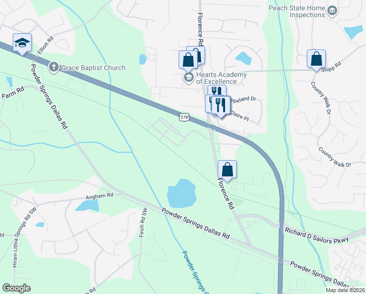 map of restaurants, bars, coffee shops, grocery stores, and more near 3319 Thornbridge Drive in Powder Springs