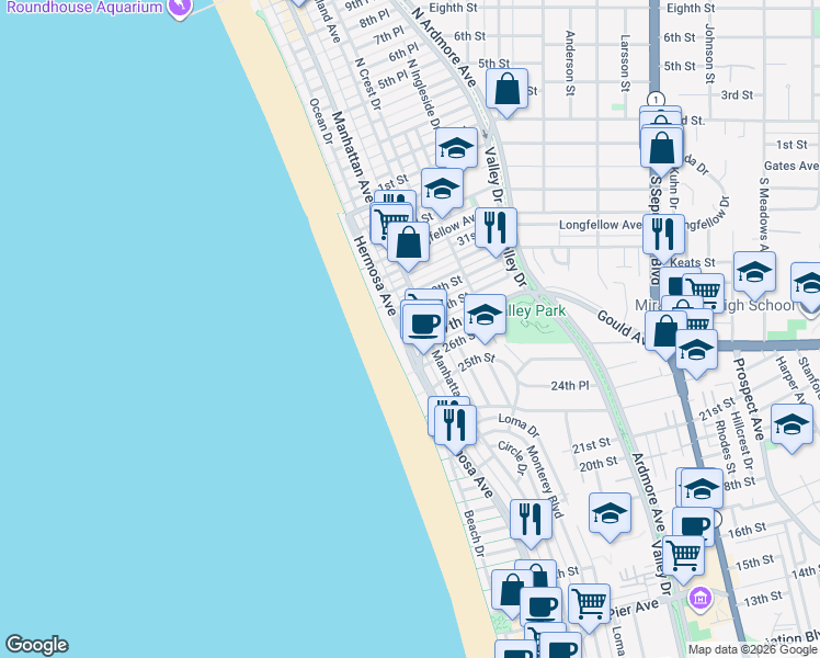 map of restaurants, bars, coffee shops, grocery stores, and more near 2730 Hermosa Avenue in Hermosa Beach
