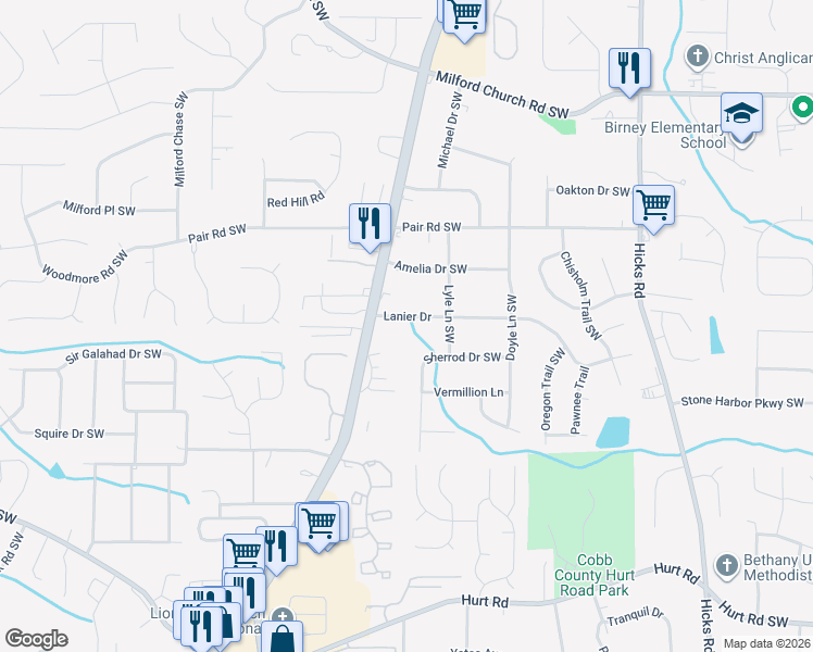 map of restaurants, bars, coffee shops, grocery stores, and more near 1209 Lanier Drive in Marietta