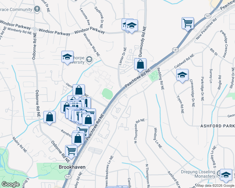 map of restaurants, bars, coffee shops, grocery stores, and more near 4484 Peachtree Road in Atlanta