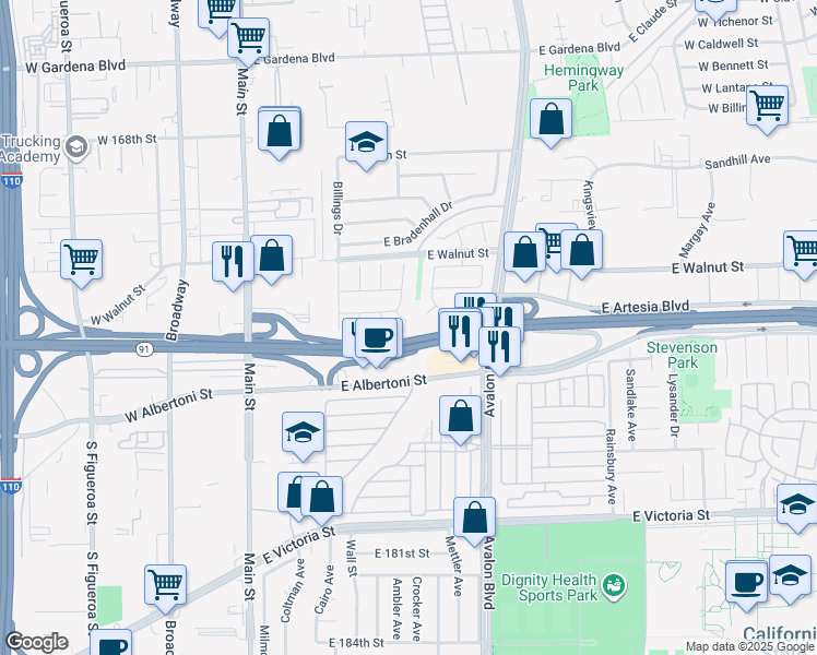 map of restaurants, bars, coffee shops, grocery stores, and more near 17347 Towne Court in Carson