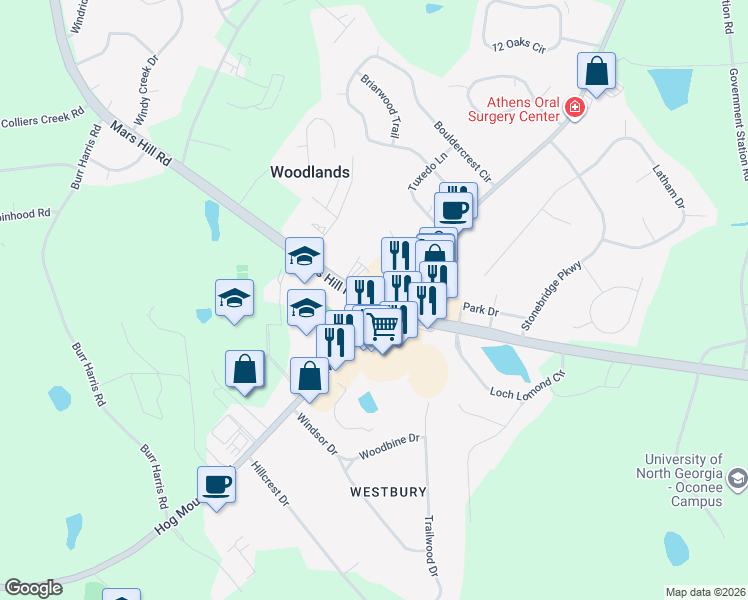 map of restaurants, bars, coffee shops, grocery stores, and more near 2131 Hog Mountain Road in Watkinsville