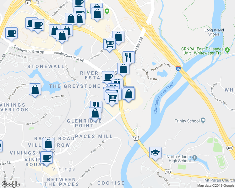 map of restaurants, bars, coffee shops, grocery stores, and more near 3220 Cobb Parkway Southeast in Atlanta