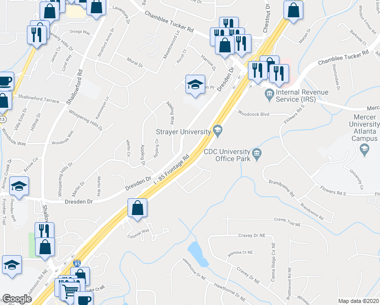map of restaurants, bars, coffee shops, grocery stores, and more near 3338 I - 85 Frontage Road in Atlanta