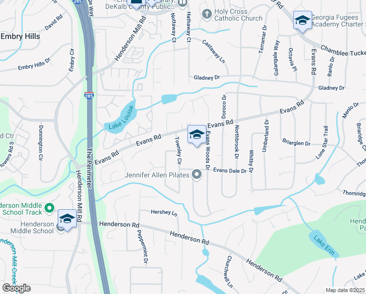 map of restaurants, bars, coffee shops, grocery stores, and more near 2917 Townley Circle in Atlanta