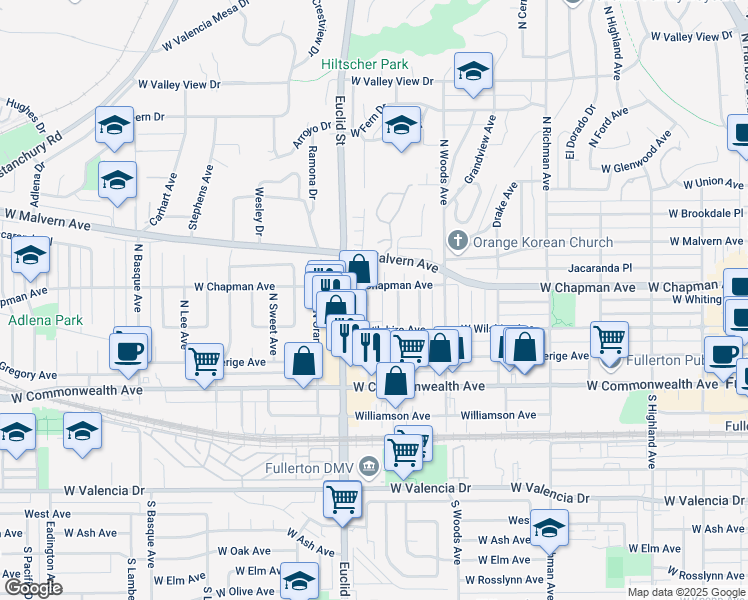 map of restaurants, bars, coffee shops, grocery stores, and more near 328 North Roosevelt Avenue in Fullerton