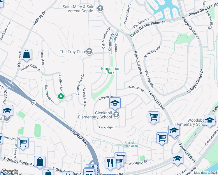 map of restaurants, bars, coffee shops, grocery stores, and more near 6107 Stonehurst Plaza in Yorba Linda