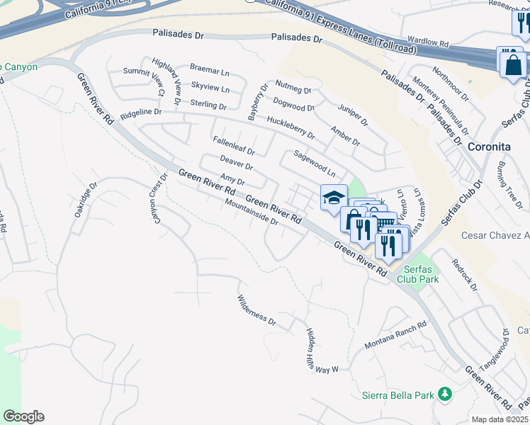 map of restaurants, bars, coffee shops, grocery stores, and more near 3131 Mountainside Drive in Corona