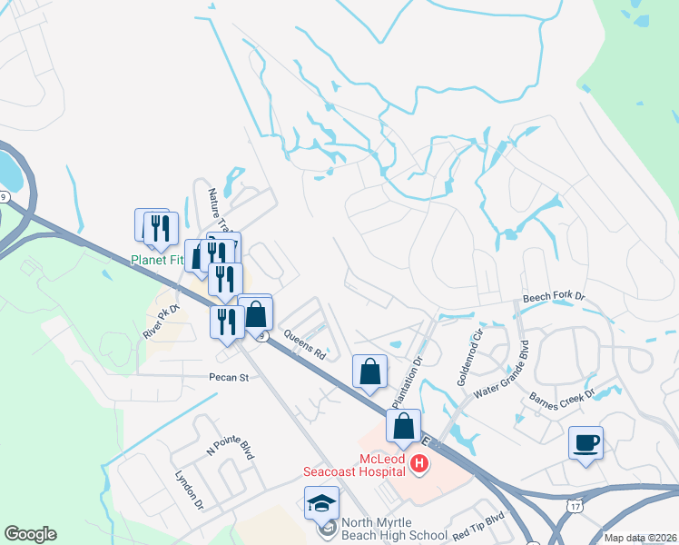 map of restaurants, bars, coffee shops, grocery stores, and more near 1095 Plantation Drive in Little River