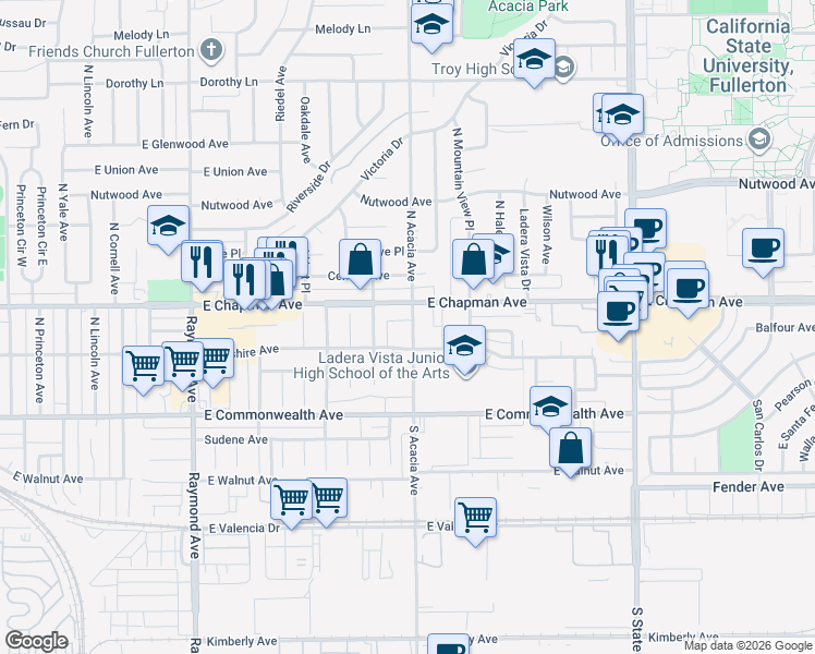 map of restaurants, bars, coffee shops, grocery stores, and more near 303 North Acacia Avenue in Fullerton