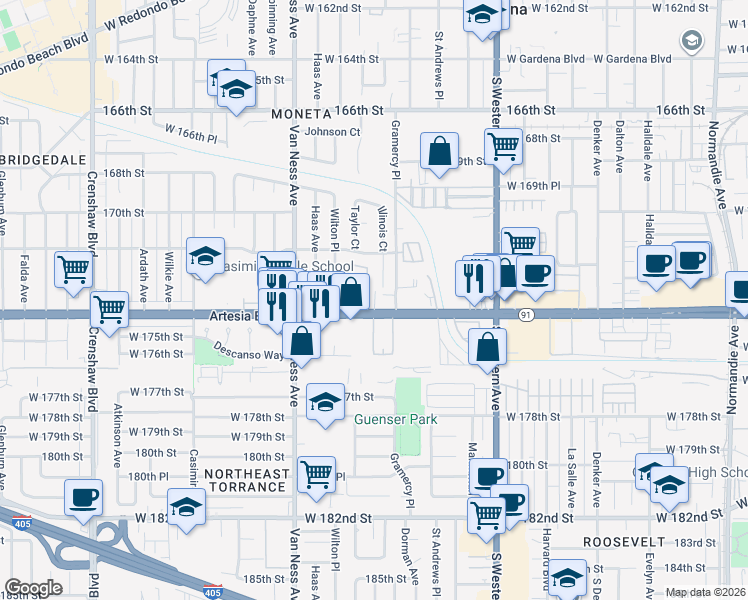 map of restaurants, bars, coffee shops, grocery stores, and more near 105 Artesia Boulevard in Torrance
