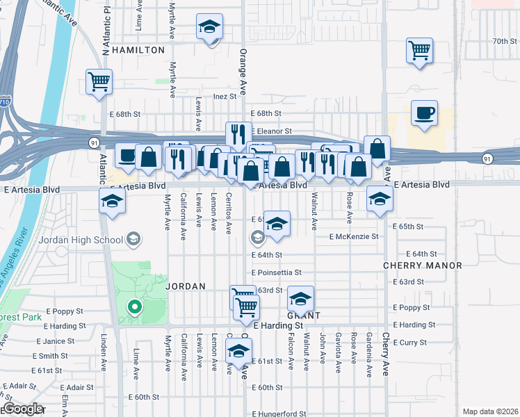 map of restaurants, bars, coffee shops, grocery stores, and more near 6529 Brayton Avenue in Long Beach