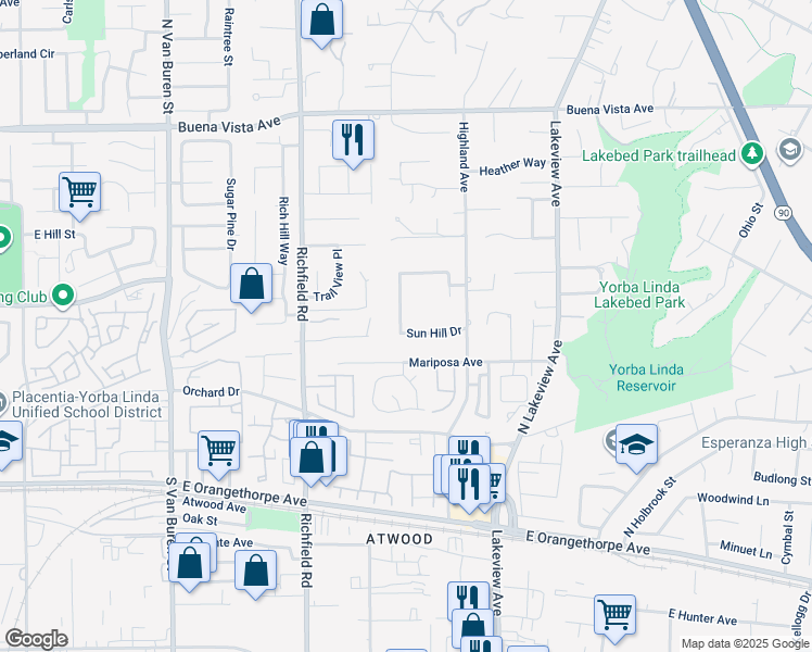 map of restaurants, bars, coffee shops, grocery stores, and more near 17927 Sun Hill Drive in Yorba Linda