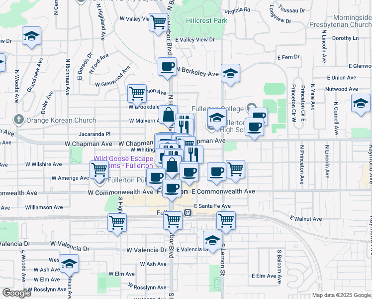 map of restaurants, bars, coffee shops, grocery stores, and more near 130 East Chapman Avenue in Fullerton
