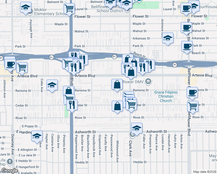 map of restaurants, bars, coffee shops, grocery stores, and more near 9226 Janna Street in Bellflower