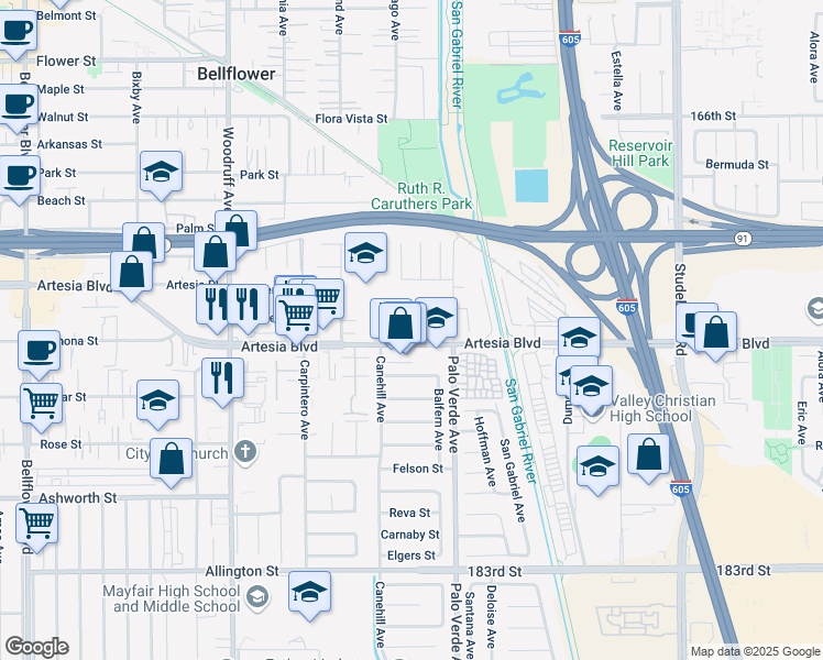 map of restaurants, bars, coffee shops, grocery stores, and more near 10505 Artesia Boulevard in Bellflower