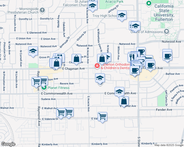 map of restaurants, bars, coffee shops, grocery stores, and more near 1801 East Wilshire Avenue in Fullerton