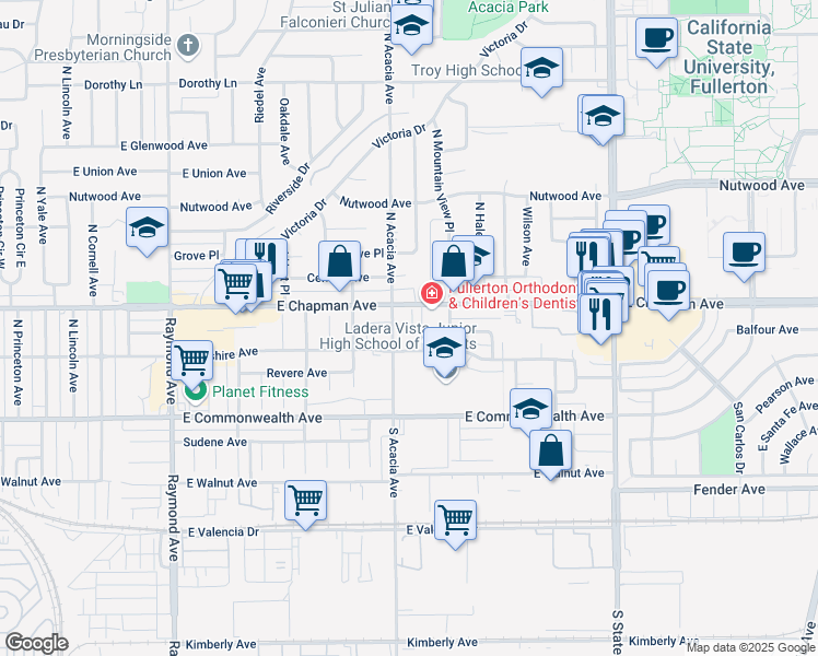map of restaurants, bars, coffee shops, grocery stores, and more near 400 North Acacia Avenue in Fullerton