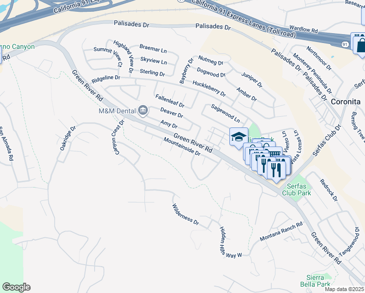 map of restaurants, bars, coffee shops, grocery stores, and more near Mountainside Drive in Corona