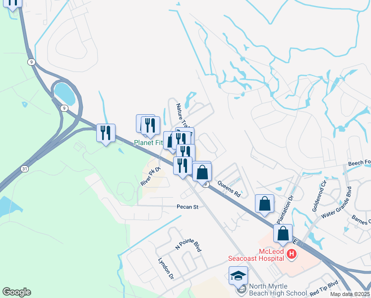 map of restaurants, bars, coffee shops, grocery stores, and more near 3379 Highway 9 East in Little River