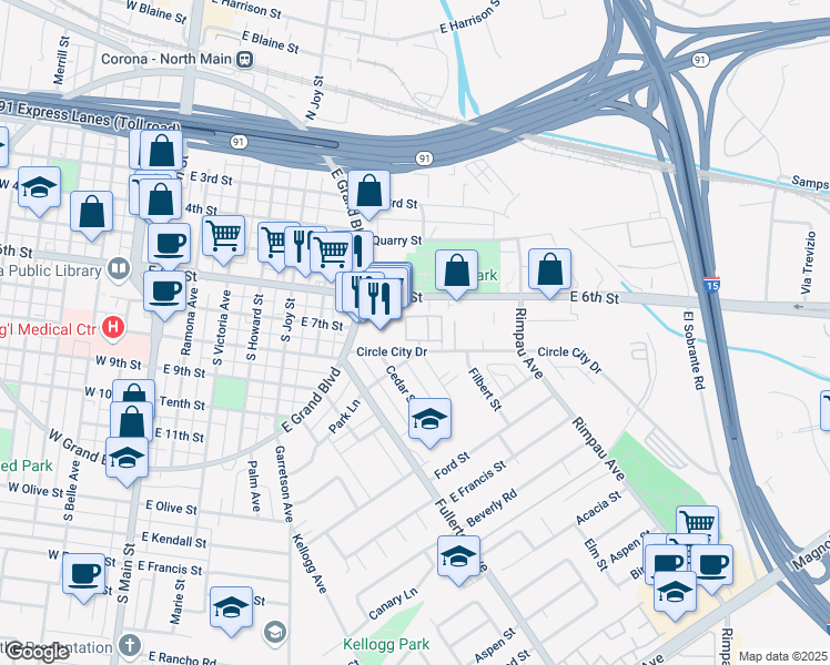 map of restaurants, bars, coffee shops, grocery stores, and more near 1010 Margarita Drive in Corona