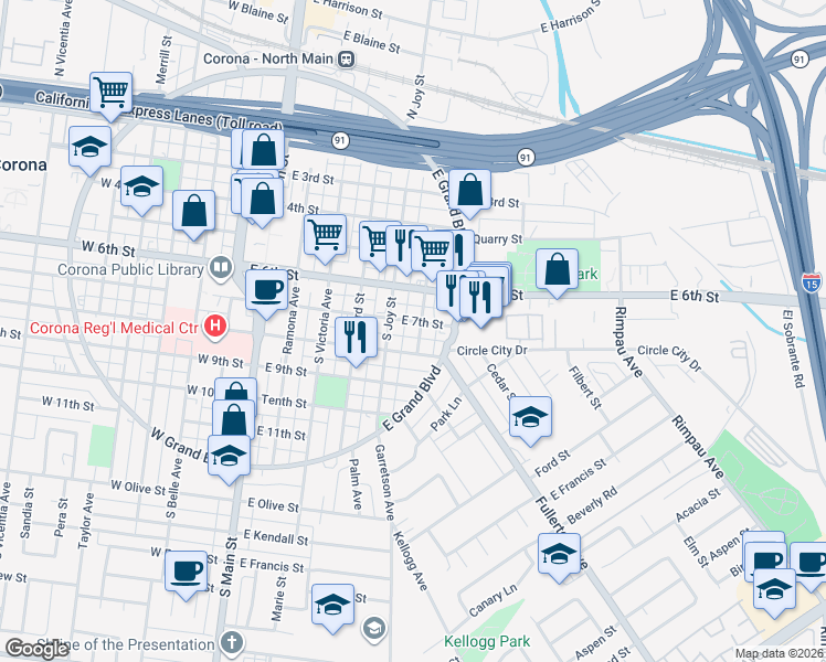 map of restaurants, bars, coffee shops, grocery stores, and more near 517 East 8th Street in Corona