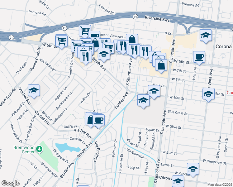 map of restaurants, bars, coffee shops, grocery stores, and more near 1037 Norwich Way in Corona