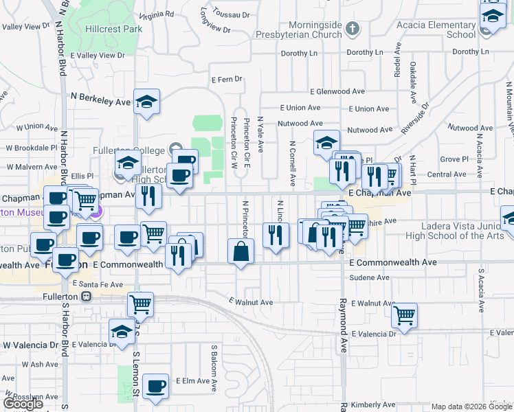 map of restaurants, bars, coffee shops, grocery stores, and more near 209 North Yale Avenue in Fullerton