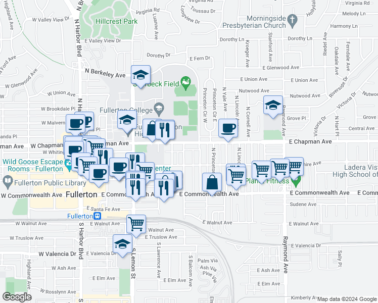map of restaurants, bars, coffee shops, grocery stores, and more near 316 North Balcom Avenue in Fullerton