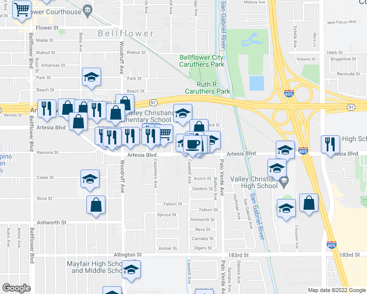 map of restaurants, bars, coffee shops, grocery stores, and more near 10445 Artesia Boulevard in Bellflower